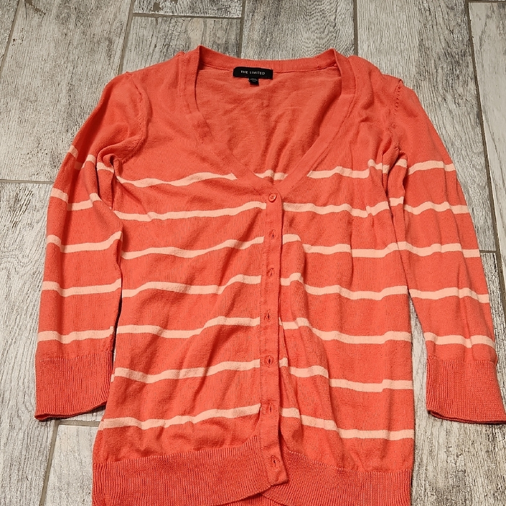 The Limited Coral and Cream Striped Cardigan